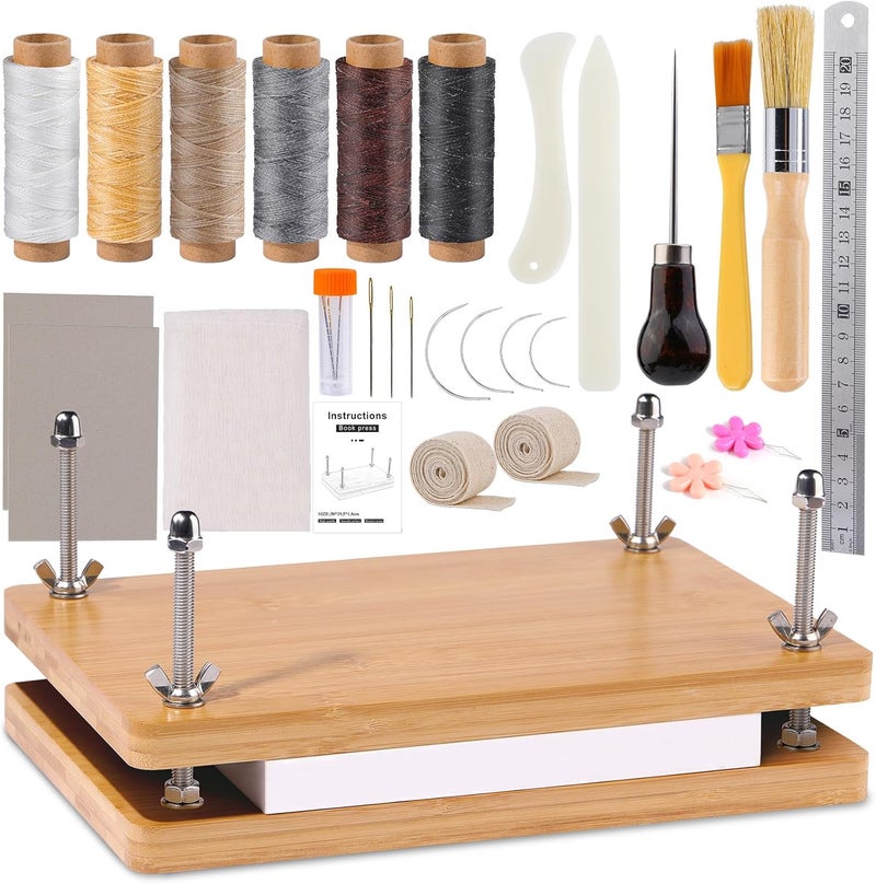 JUPEAN Book Binding Kits, Book Binding Press, 7.9”x11.6”, Books Making Kit Bookbinding Supplies with Wooden Binding Press Books Cover Board Bone Folder Awl Bind Strap for DIY - Image 1